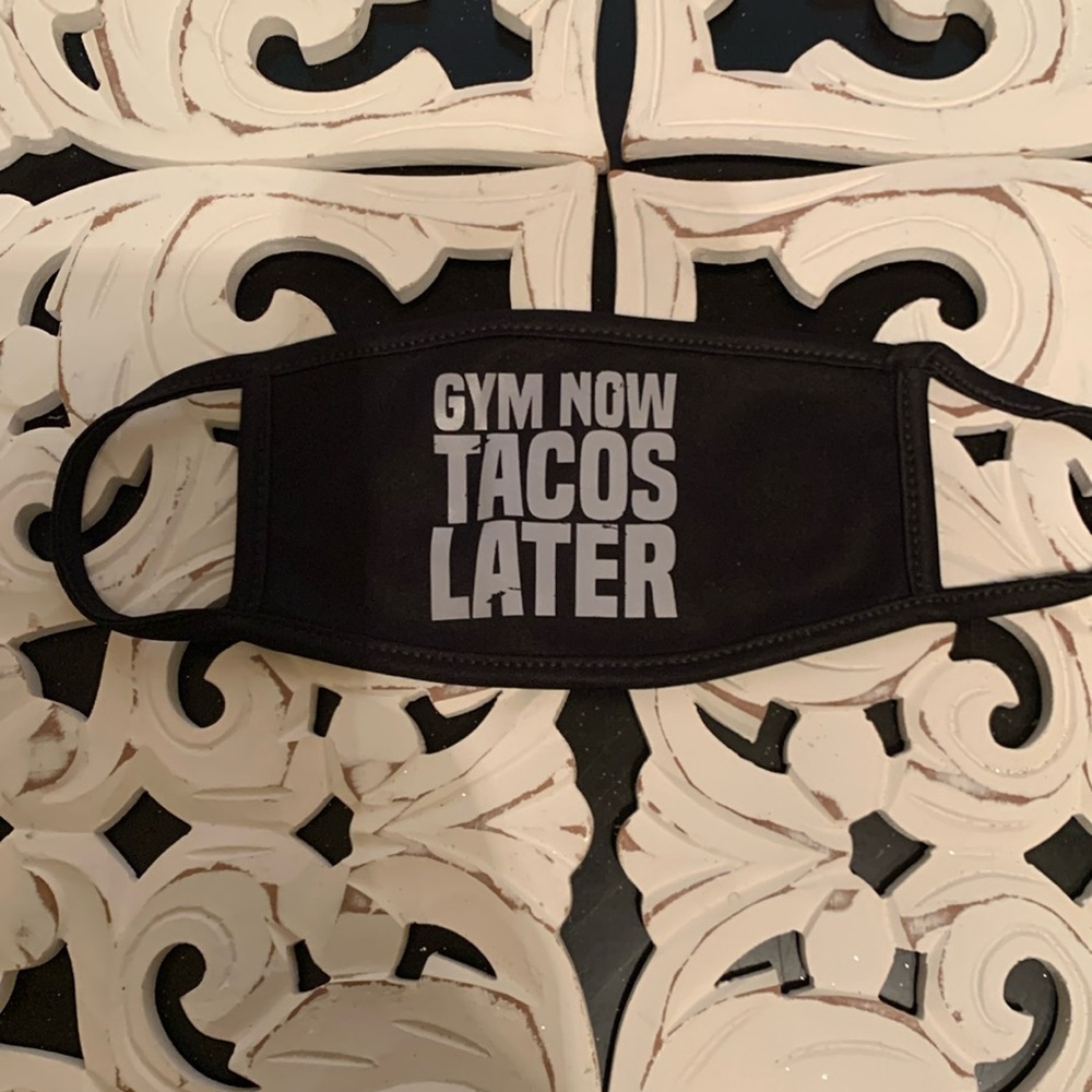 Gym Now Tacos Later Black Stretchy Face Mask NWOT